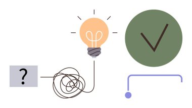 Karışık çizgi bir soru işaretini parlayan bir ampul ve yeşil işaret ile birleştirir. Problem çözme, karar verme, netlik, çözümler, beyin fırtınası, üretkenlik, yenilik. İdeal