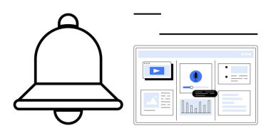 Sayısal gösterge paneli olan çan simgesi uyarı uyarıları, videolar, grafikler ve mesajlar. İletişim, teknoloji, hatırlatıcılar, veri analizi için idealdir, kullanıcı arayüzünü izleme uyarısı