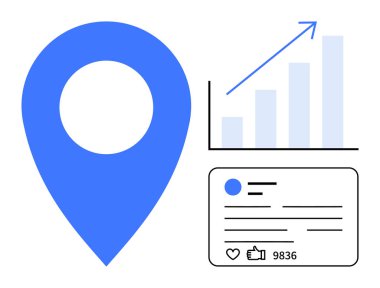 Mavi yer göstergesi, yükselen eğilimli büyüme tablosu, ve başparmaklı sosyal medya profili kartı, yorumlar, hisseler. Pazarlama, analitik, markalaşma, anlayış için ideal SEO basit