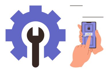 Ellerin yanındaki araç ve ayarları sembolize eden ingiliz anahtarlı bir dişli özellikleri açmak için telefon kullanıyor. Teknoloji, uygulama işlevi, güvenlik, özelleştirme, onarım, yenilik için ideal, basit düz metafor