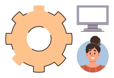 İşlemler için vites, teknoloji için bilgisayar monitörü, iş gücü bağlantısı için kadın avatarı. Takım çalışması, işbirliği, üretkenlik, iş akışı, yenilik, iletişim verimliliği sistemleri için ideal