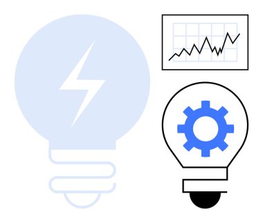 Teçhizatlı ampul yeniliği simgeler, büyüme grafiği ilerlemeyi ve analizi yansıtır. Teknoloji, iş stratejisi, yaratıcılık, veri içgörüsü, problem çözme, yenilik zihniyeti, basit