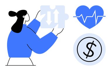 Çifte oklu yapboz parçası, mavi kalp atışı ikonu ve problem çözme, sağlık, ekonomi, strateji, denge, karar verme, basit düz metaforun bir temsili olarak dolar işareti tutan kadın.