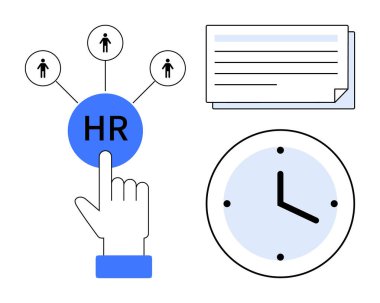 İnsanlara bağlı insan kaynakları simgesi, zaman yönetimini temsil eden saat ve belge yığını seçiliyor. HR, askere alma, işgücü yönetimi, organizasyon, üretkenlik, zaman yönetimi için ideal