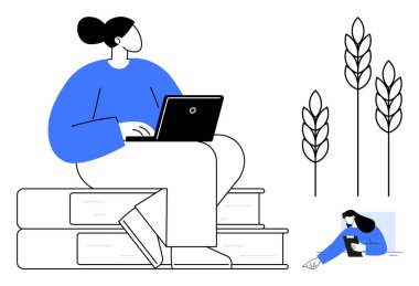 Dizüstü bilgisayarda yazan istiflenmiş kitapların üzerine oturan bir kadın, görüş alanında buğday sapları, daha küçük figür notlar yazan bir kadın. Tarım, öğrenme, teknoloji, araştırma, büyüme, sürdürülebilirlik için ideal basit iniş