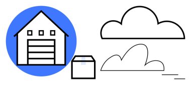 Teslimat paketi ve bulut oluşumlarına sahip depo, lojistik, depolama, teslimat, teknoloji, bulut hesaplama, e-ticaret ve verimlilik süreçlerini basit bir düz metaforda sembolize ediyor.