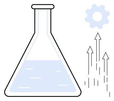 Sıvı içeren laboratuvar şişesi, büyümeyi simgeleyen oklar araştırma ya da endüstriyi simgeleyen teçhizat. Bilim, yenilik, araştırma, ilerleme, teknoloji, kimya eğitimi için idealdir.