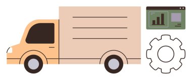 Analitik gösterge paneli ve dişli çarkının yanında lojistik, verimlilik, veri analizi, nakliye, tedarik zinciri, filo yönetimi ve iş operasyonlarını sembolize eden bir kargo kamyonu. Taşıma için ideal