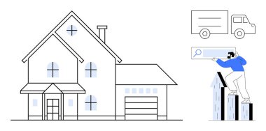 Büyük bir ev, yükselen barlarda büyüteç kullanan bir adam, hareket eden bir kamyon. Gayrimenkul, ev araması, kiralama, yatırım, taşınma trendleri için ideal. Basit düz metafor