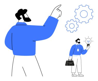 Dişlileri gösteren büyük bir figür, parlayan bir ampul ve evrak çantası tutan küçük bir figür. Yenilik, liderlik, takım çalışması, sorun çözme, planlama, kariyer büyümesi ve iş dünyası için ideal