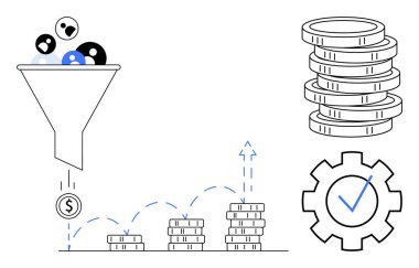 Huni filtreleme madeni paralara, büyüyen bozuk paralara, kesik oklarla yukarı doğru giden eğilim çizgilerine, işaretli teçhizatlara yol açar. Pazarlama, satış, analitik, finansal büyüme ve verimlilik için ideal