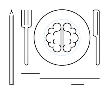 Çatal ve bıçak, beyni, zekayı, yaratıcılığı ve zihinsel beslenmeyi sembolize eden bir tabakanın etrafını sarar. Eğitim, yenilik, psikoloji, farkındalık, beyin fırtınası için ideal