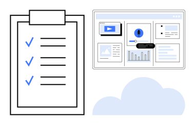 Grafikleri, simgeleri, videoları ve analizleri gösteren gösterge panelinin yanında mavi işaretli kontrol listesi. Üretim, organizasyon, görev planlaması, iş akışı yönetimi, verimlilik verileri için ideal