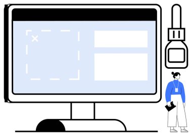 UI tasarım düzenine sahip bilgisayar monitörü, düzenleme aracı simgeleri ve elinde bir defter tutan kadın. Kullanıcı deneyimi, dijital tasarım, yaratıcı süreç, yazılım araçları, eğitim, yenilik için ideal basit
