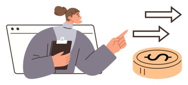 Elinde pano tutan kadın, yön gösteren okları ve parayı analiz eden nakit akışını temsil eden, finans. İş analizi, yatırım, karar verme, muhasebe, ekonomi stratejisi ve basit