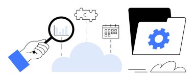 Veri bulutu, bulmaca parçası, takvim ve dişli klasörü üzerinde büyüteç. Analiz, bulut depolama, organizasyon, entegrasyon, araştırma dijital iş akışı için ideal basit bir daire
