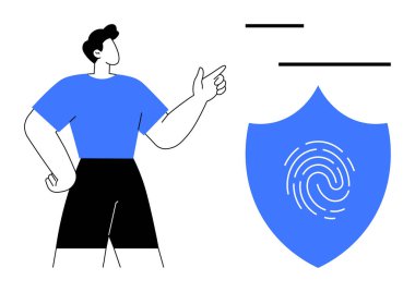 Parmak izi tasarımı olan bir kalkanı işaret ederek güvenlik, kimlik koruması ve erişim kontrolünü sembolize ediyor. Siber güvenlik, dijital kimlik denetimi, veri gizliliği ve teknoloji için ideal