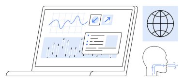 Analitik grafikleri, arama özelliklerini ve raporları gösteren dizüstü bilgisayar. Küresel ulaşım için dünya, iletişim için konuşma hatlarıyla baş. Veri, teknoloji, iş, yenilik eğitimi araştırmaları için ideal
