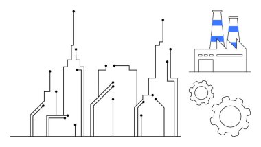 Geometrik şehir silueti devreler, bacalı fabrikalar ve iki büyük vites teknolojiyi, yeniliği, otomasyonu, şehir planlamasını, imalatı, akıllı şehirleri ve basit iniş noktalarını sembolize eder.