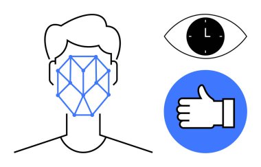 Geometrik desenli bir insan yüzü, gözde bir saat ve renkli dairelere karşı baş parmak ikonu. Teknoloji, kimlik, biyometri, güvenlik, kullanıcı geribildirimi, zaman yönetimi sade iniş için ideal