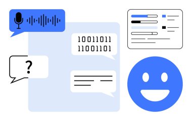 Mesajlı sohbet baloncukları, ikili kod, mikrofon ikonu, mutlu bir yüz ve çizelgeler. İletişim için ideal yapay zeka, sohbet robotu tasarımı, teknoloji arayüzleri sanal veri alışverişi asistanları basit iniş sayfası.