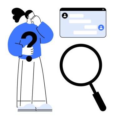 Soru işareti, büyüteç sembolü ve mesajlaşma penceresiyle düşünen bir kadın. Merak, problem çözme, iletişim, arama, araştırma, beyin fırtınası için ideal basit bir iniş sayfası