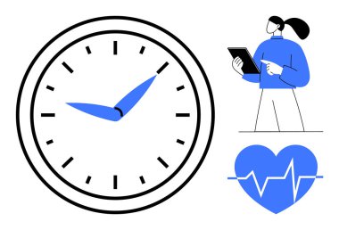 Mavi elli büyük bir saat, elinde tablet olan biri ve kalp atışı grafiği. Zaman yönetimi, sağlık hizmetleri, teknoloji, üretkenlik, sağlık, basit iniş sayfalarının izlenmesi için ideal