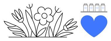 Siyah çizgili çiçek ve yaprak sanatı, mavi kalp sembolü, sıra sıra süt kutuları. Çevre yaşamı, sürdürülebilirlik, organik tarım, doğal yaşam tarzı, süt ürünleri markalaşması, basit iniş sayfaları için ideal