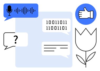 Ses dalgalı konuşma balonu, onayla, ikili kod, soru balonu, metin satırları, lale çizimi. Teknoloji konuları, iletişim, geri bildirim veri paylaşımı kodlama basit iniş sayfası için ideal