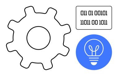 İkili sayı kutusu ve mavi daire ampulü olan dişliler, işaret teknolojisi, mekanik, kodlama, yenilik, gelecekteki çözümler, problem çözme ve yaratıcılık. Teknoloji markalaşma sitesi için ideal