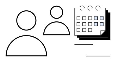 Vurgulanmış günleri olan takvimin yanında iki asgari insan figürü programlama, planlama, takım çalışması, zaman yönetimi, proje koordinasyonu, verimlilik, kaynak tahsisi ve basit bir daireyi vurguluyor