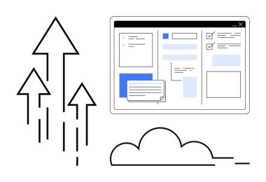 Web sitesi düğmeler, kutular ve yukarı doğru giden oklarla birlikte sohbet baloncukları ve büyüme, iletişim ve dijital kavramlar için bir bulut ile arayüzü. İş için ideal, teknoloji, ilerleme, bulut