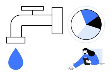 Damlacıklı musluk, verileri temsil eden pasta grafiği ve dokümanları dağıtan profesyoneller. Su sürdürülebilirliği, kaynak tahsisi, veri analizi, çevre bilinci, eğitim için ideal