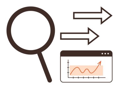 Veri odaklı büyüteç, yön gösteren oklar ve büyüme tablosu. Araştırma, analitik, ilerleme takibi, karar verme, iş büyümesi, hedef belirleme basit düz