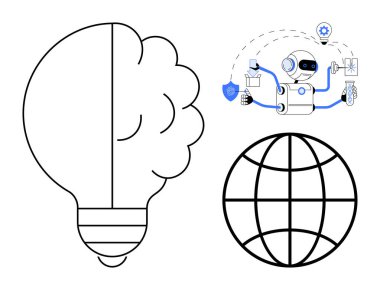 Yarı beyin ampulü, robot yönetici görevleri ve yapay zeka, yenilik ve küresel bağlantıyı temsil eden dünya ana hatları. Teknoloji, yaratıcılık, yapay zeka ve otomasyon için ideal