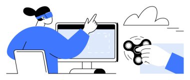 Sanal ekran ile etkileşime giren VR kulaklık takan kişi, el dönen döner döner, ve arka planda bulut. Teknoloji, yenilik, oyun, eğitim, yaratıcılık, gelecek kavramları için ideal