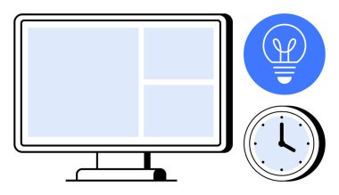 Segmentli ekranlı masaüstü monitörü, yeniliği sembolize eden ampul ikonu ve zaman verimliliğini vurgulayan saat. Teknoloji, üretkenlik, eğitim, yaratıcılık, iş stratejisi için ideal