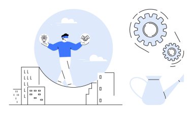 Ampul ve tokalaşmayı şehrin üzerinde vites ve su kutusuyla dengeleyen bir adam. Yenilik, takım çalışması, büyüme, strateji, problem çözme, ortaklık, girişimci planlama için idealdir. Basit.