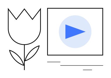 Dikdörtgenin içindeki bir çalma düğmesinin yanındaki lale çiçeği ana hatları. Doğa, medya, büyüme, yaratıcılık, tasarım, çevre dostu teknoloji ve eğitim için idealdir. Basit bir düz metafor.