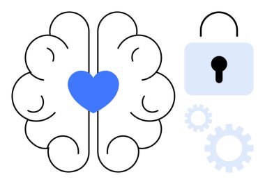 Merkezde mavi kalpli beyin, kilit ve dişliler duyguların, mantığın ve güvenliğin dengesini vurguluyor. Ruh sağlığı, duygusal zeka, güvenlik, karar verme yeniliği için ideal