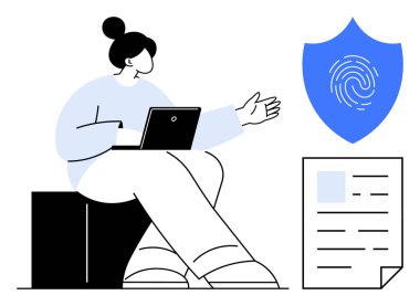 Parmak izi güvenlik kalkanı ve belgesine işaret eden dizüstü bilgisayarlı bir kadın, veri korumasını yansıtıyor. Siber güvenlik, dijital mahremiyet, kimlik doğrulama, teknoloji ve uyum için ideal