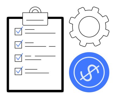 Kontrol listesi işaretli pano, işlem için vites, finans için mavi dolar simgesi. İş, yönetim, planlama, strateji, verimlilik, organizasyon için ideal düz metafor