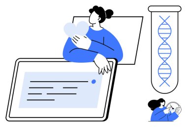 Dijital tıbbi tablet ve DNA test tüpünün yanında kalp şeklinde bir nesne tutan kişi. Sağlık, genetik, teknoloji, araştırma, teletıp, yenilik, şefkat için idealdir. Basit düz metafor