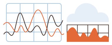 Çizgi ve alan grafikleri, bulut elementi, veri analizi, tahminler, eğilimler ve dijital teknolojiyi temsil eden şebeke arkaplanlarının üzerindedir. Analiz, raporlama, istatistik ve bulut hesaplama için ideal