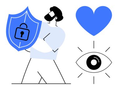 Korunmak için kalkanı kilit altında tutan adam. Bitişik kalp ve göz bakım, mahremiyet ve güveni ima eder. Siber güvenlik için ideal, veri güvenliği, güven, gizlilik, sevgi sadeliği basit iniş sayfası