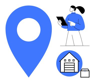 Depo ikonlu mavi yer işareti, lojistik uzmanı elinde tuttuğu tablet teslimat ve envanteri temsil ediyor. İkmal zinciri, envanter takibi, nakliye, lojistik, depo için ideal.