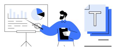 İş adamı çizelge ve grafikleri bir kalemle sunuyor, elinde bir pano var. Arka planda büyük metin içeren belgeler. İş, veri, istatistik, analiz, toplantı ve planlama için ideal