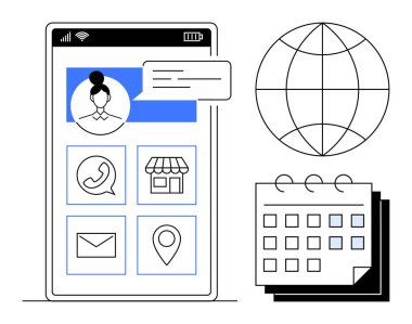 Profil fotoğrafı olan akıllı telefon ekranı, sohbet balonu arama, harita, e-posta, alışveriş takvimi ve dünya için simgeler. İletişim, ağ oluşturma, e-ticaret küreselleşme kullanıcısı zamanlaması için ideal