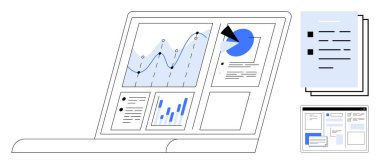 Grafikler, grafikler ve raporlarla veri analizlerini gösteren dizüstü bilgisayar ekranı. Ek belgeler ve minyatür raporlar görseldir. Veri yönetimi, analiz, strateji, raporlama ve organizasyon için ideal
