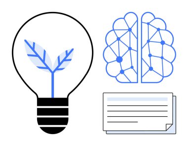 Büyümeyi sembolize eden bir ampul, sinirsel bağlantıları olan bir beyin ve fikirleri yansıtan bir belge yığını. Teknoloji, eğitim, yapay zeka, yenilik, bilgi paylaşımı, sürdürülebilirlik için ideal